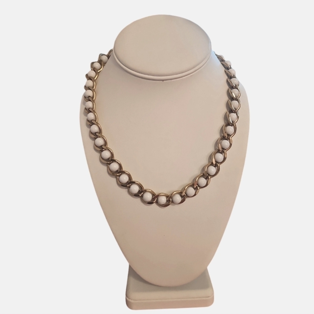 Vintage Napier Milk Glass Beads on Gold tone Links Necklace